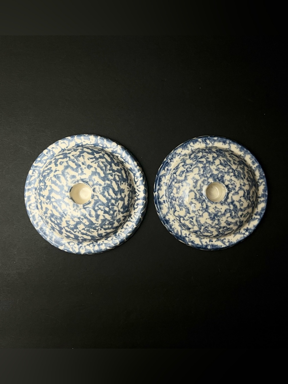 (2) Blue & White Speckled
Spongeware Pottery Candleholders
 Primitive Colonial